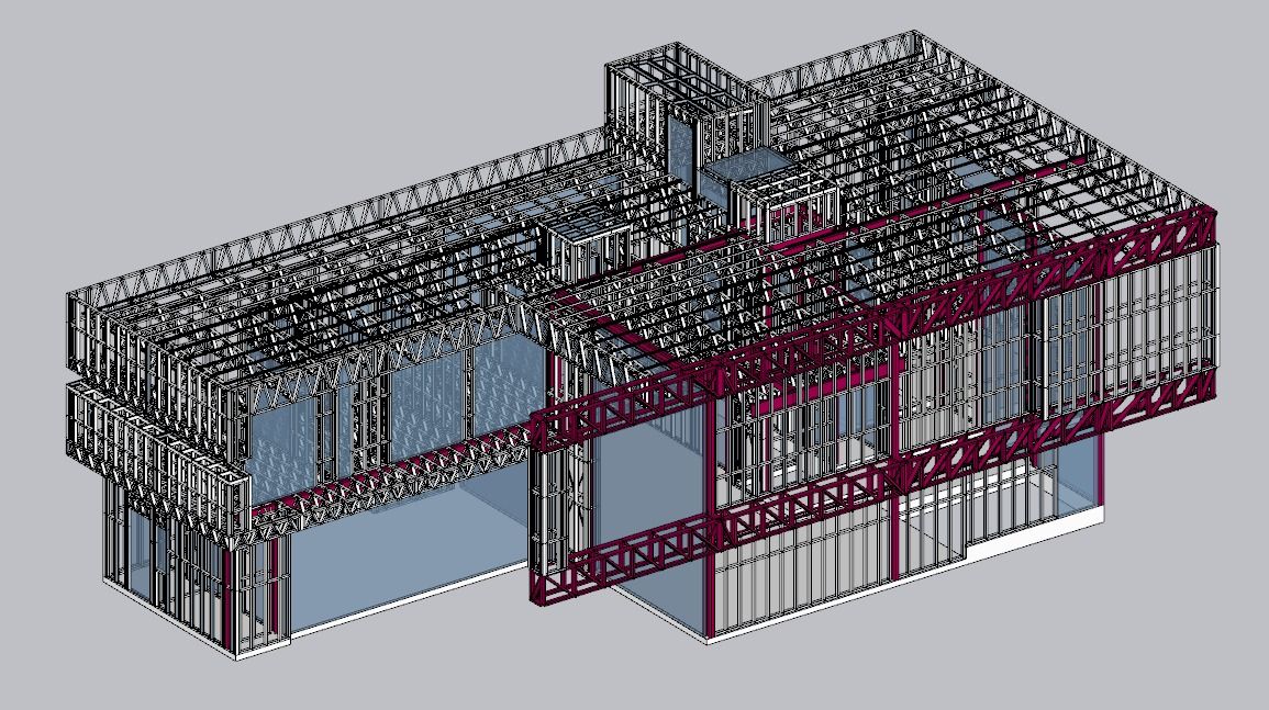 Modelo estrutural BIM em Light Steel Frame, com painéis e vigas